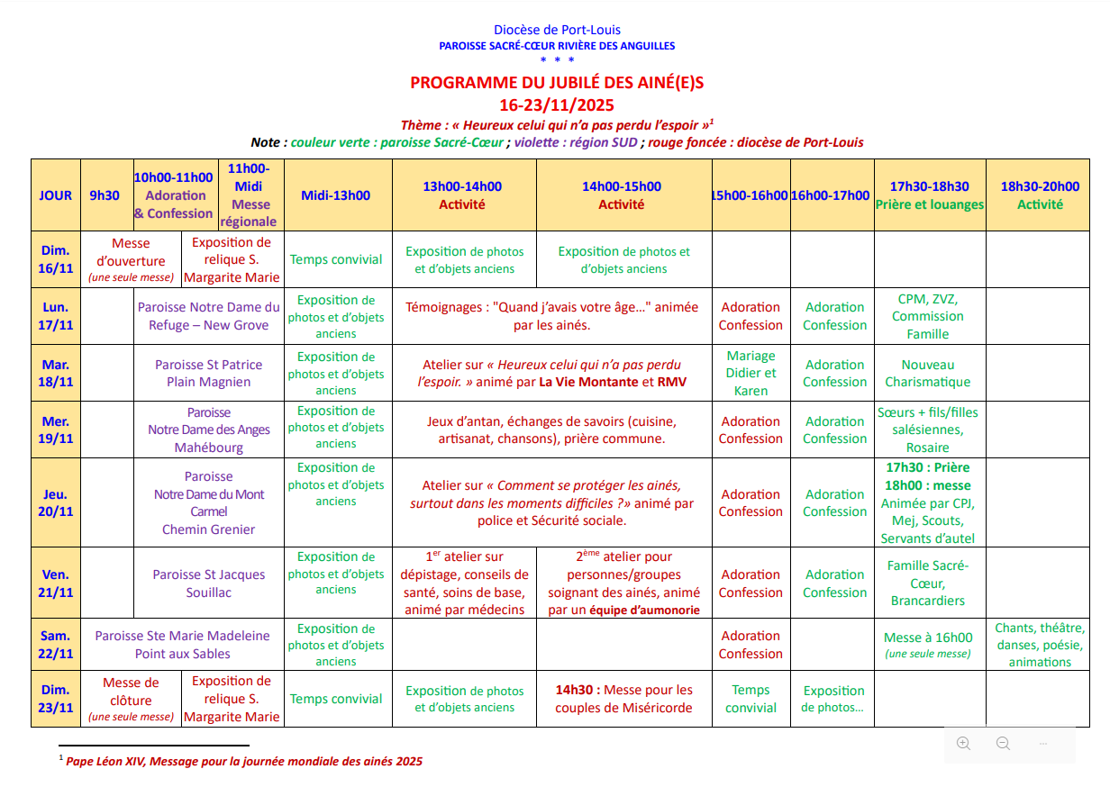 jubile des aines programme